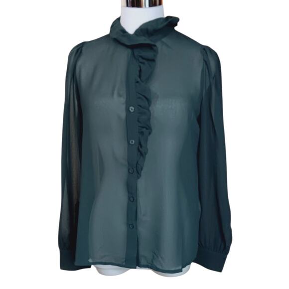 NEW BANANA REPUBLIC Sheer Green Blouse Top XS Ruffle Coquette Dressy Event Layer - Picture 5 of 6
